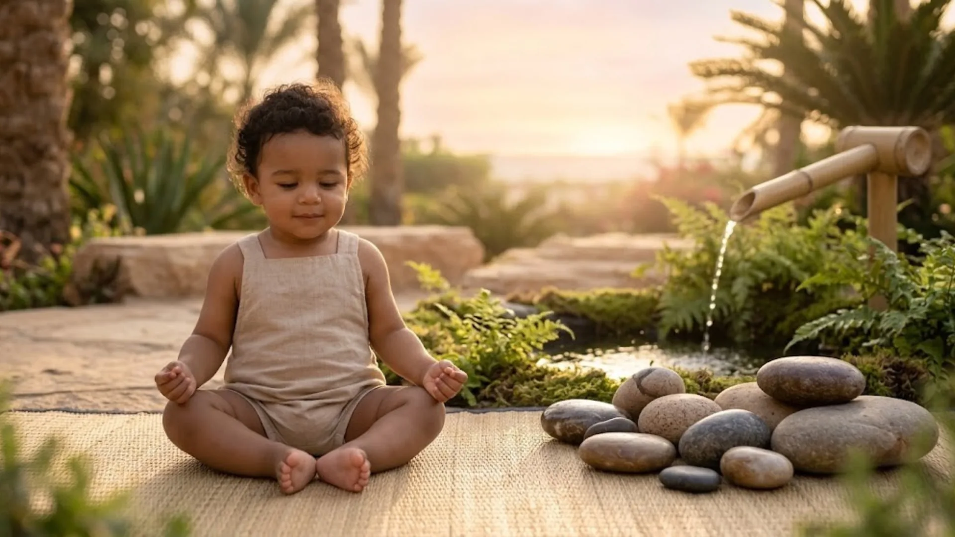 AI-generated baby sitting in a meditation pose on a mat in a peaceful outdoor zen garden with smooth stones and bamboo fountain
